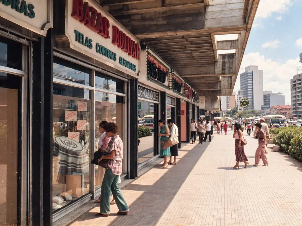 Recreación de una fotografía histórica: Gente mirando la vidriera del Bazar Bolívar bajo el alero de concreto, años 70