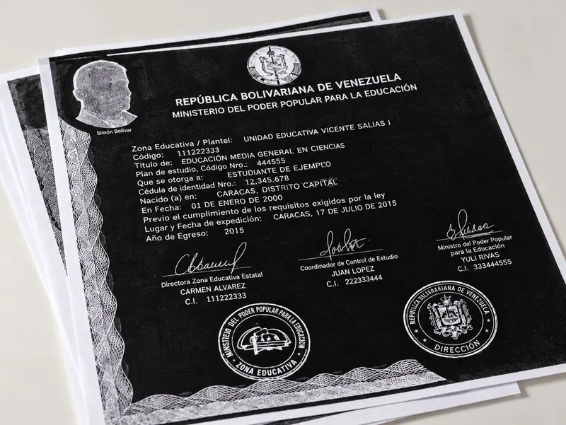Título de bachiller impreso en fondo negro sobre papel fotográfico